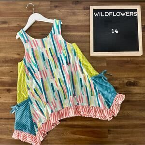 Wildflowers Best Day Ever Watercolor Top Blue Pink Green Sleeveless Knit 14